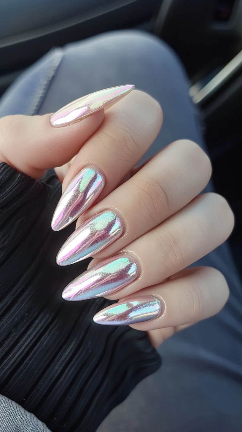 A beautiful chrome nail design with a delicate transition from pastel pink to metallic green. The almond shape adds a touch of elegance, while the high-shine finish enhances the overall look, making these nails perfect for anyone who loves a sophisticated and eye-catching manicure.