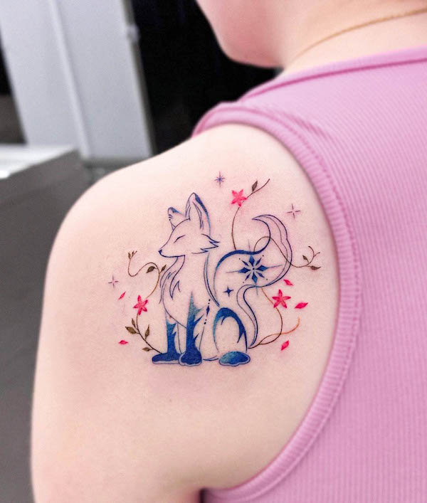 Adorable fox and plants tattoo by @e.hyang_.tattoo