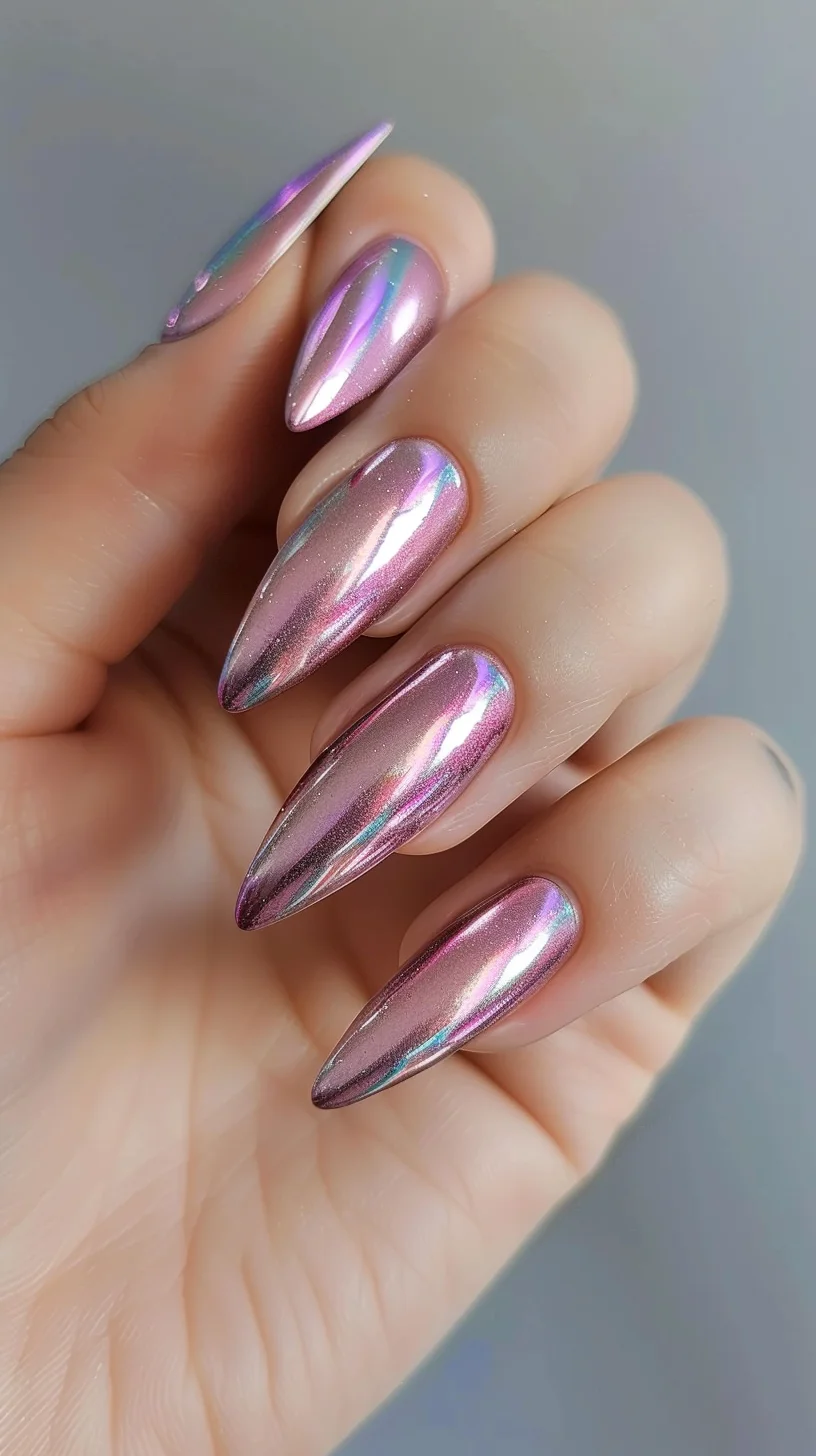 The nails feature a mesmerizing pink chrome finish with a subtle iridescent shimmer, creating a smooth, reflective surface. The sleek, elongated almond shape enhances the metallic glow, giving a futuristic vibe.