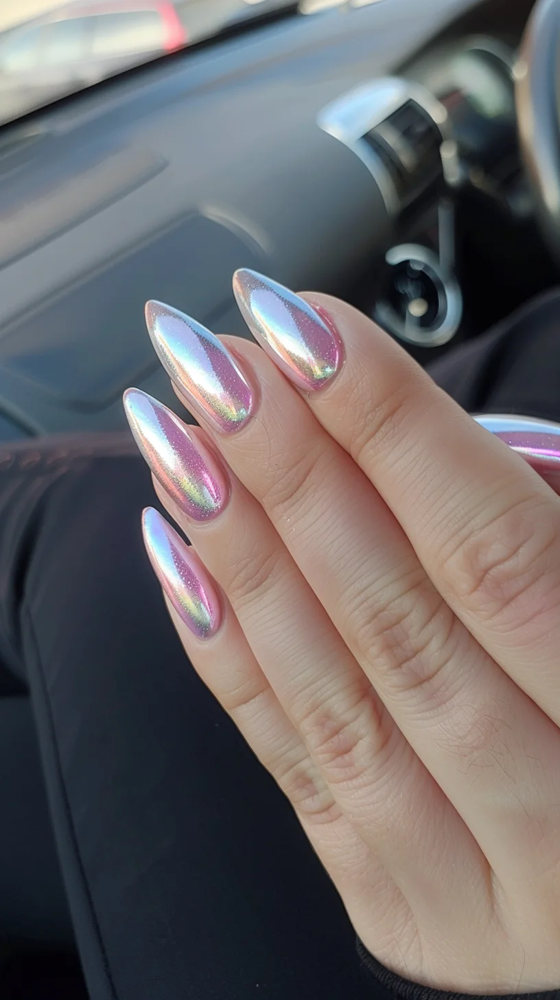 A delicate pastel chrome manicure featuring a blend of pink, blue, and silver hues. The elongated almond shape complements the shimmering finish, creating a soft, ethereal look with a contemporary twist.