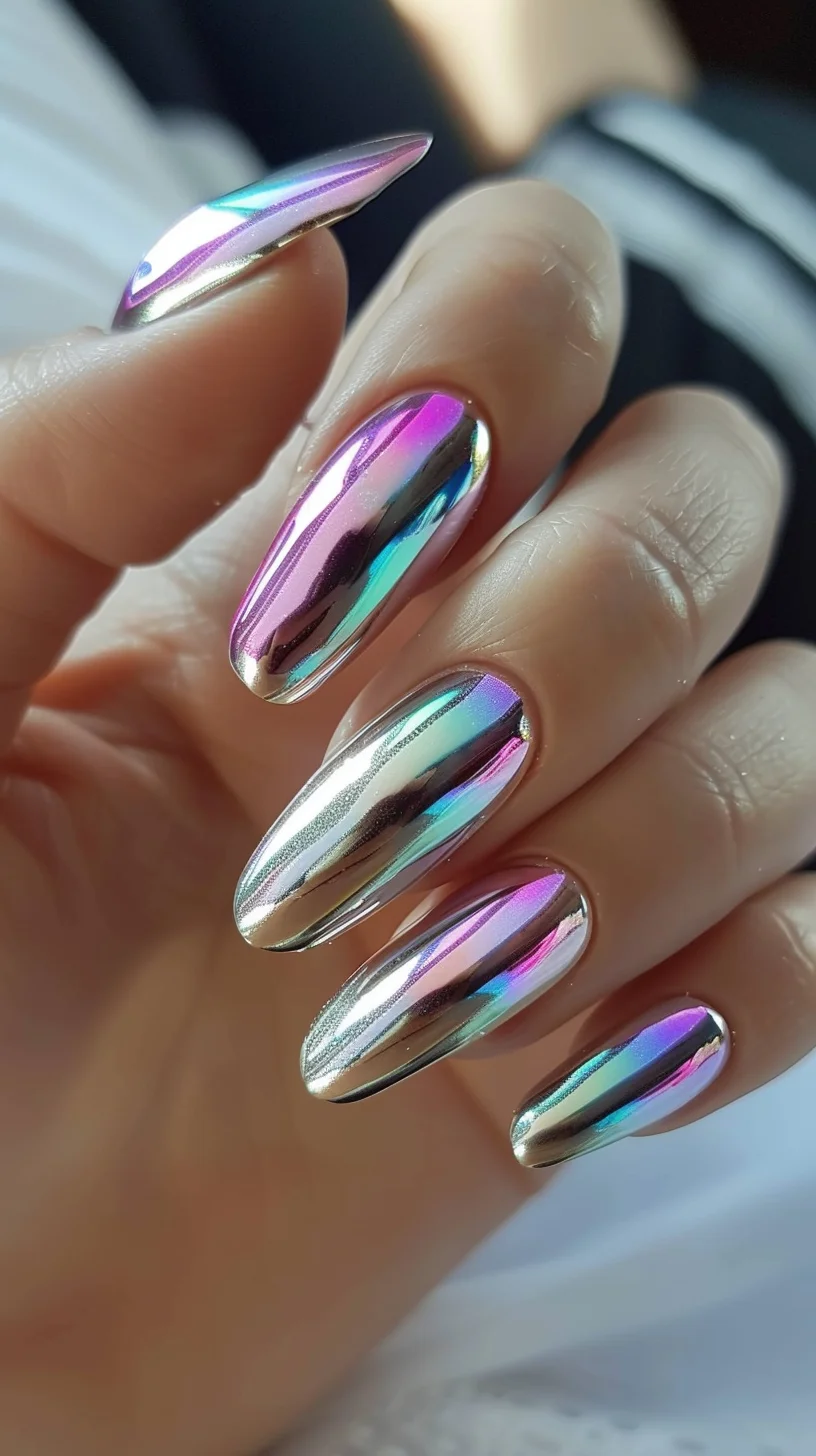 This design features an enchanting mix of purple, pink, and blue chrome tones, creating a vibrant, holographic effect. The elongated almond shape adds elegance, while the high-gloss finish enhances the prismatic reflection.