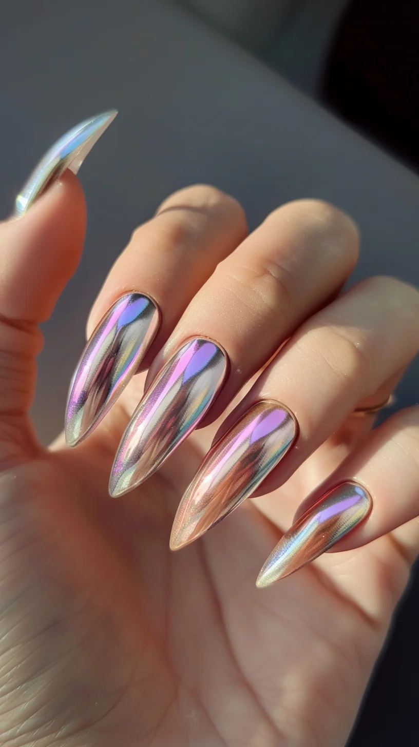 These nails showcase a stunning golden chrome finish with a slight iridescent sheen, shifting between warm gold and soft pink. The stiletto shape adds drama, perfect for making a bold, glamorous statement.