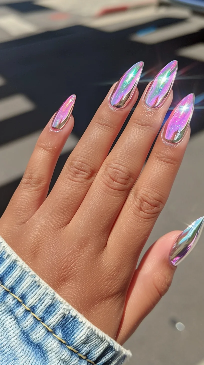 A mesmerizing pastel chrome manicure, blending shades of pink, lavender, and mint green. The almond-shaped nails enhance the subtle yet striking holographic effect, making them a versatile choice for various styles.