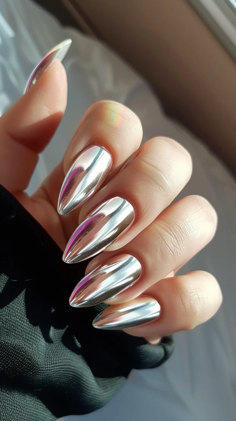 A classic silver chrome manicure with a high-gloss, mirror-like finish. The stiletto shape elongates the fingers, offering a sleek and futuristic appearance that effortlessly captures and reflects light.