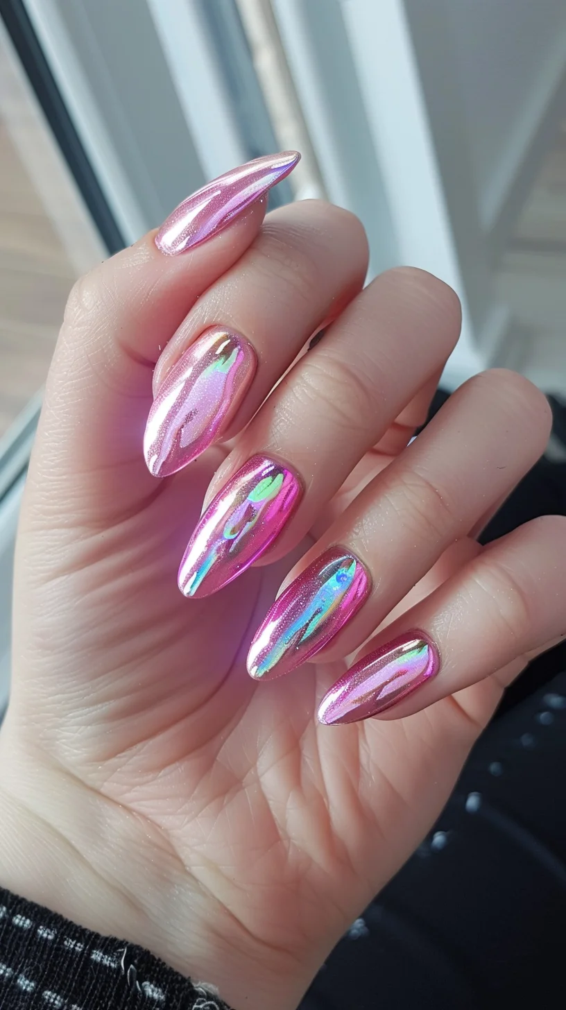 This design showcases a vibrant pink chrome polish with holographic undertones. The nails are sculpted into a tapered almond shape, offering a dazzling, multidimensional effect that shifts with the light.