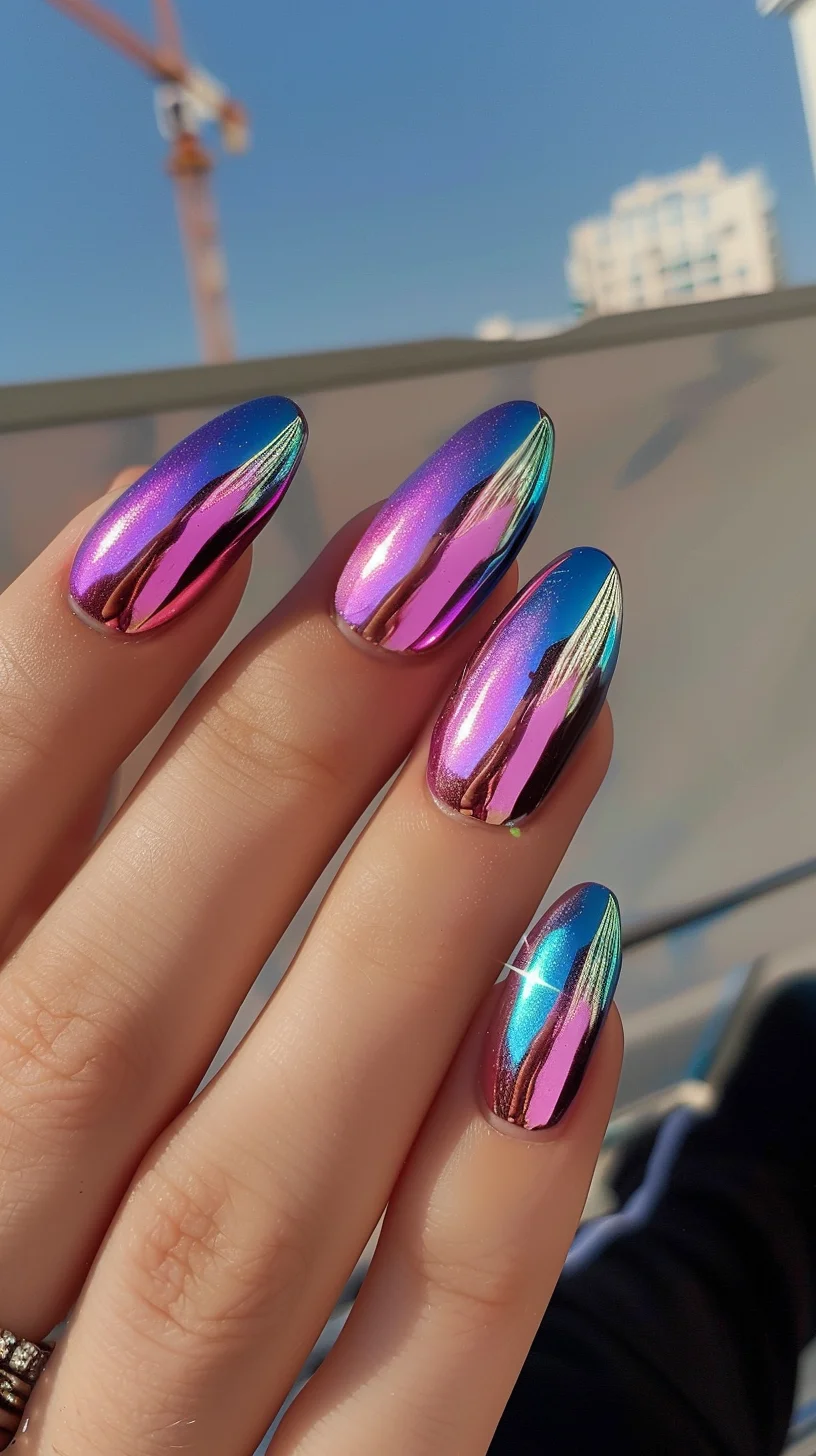 These nails boast a stunning blend of purple and blue chrome hues, reflecting light beautifully to reveal a spectrum of colors. The sleek, rounded tips enhance the mirrored finish, creating a chic and eye-catching look.