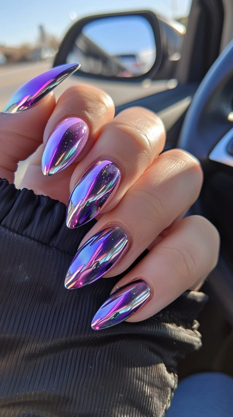 The chrome nails in this set have a captivating gradient, transitioning from a deep magenta to a lighter violet hue. The reflective surface captures light, adding a dramatic shine that changes with different angles.