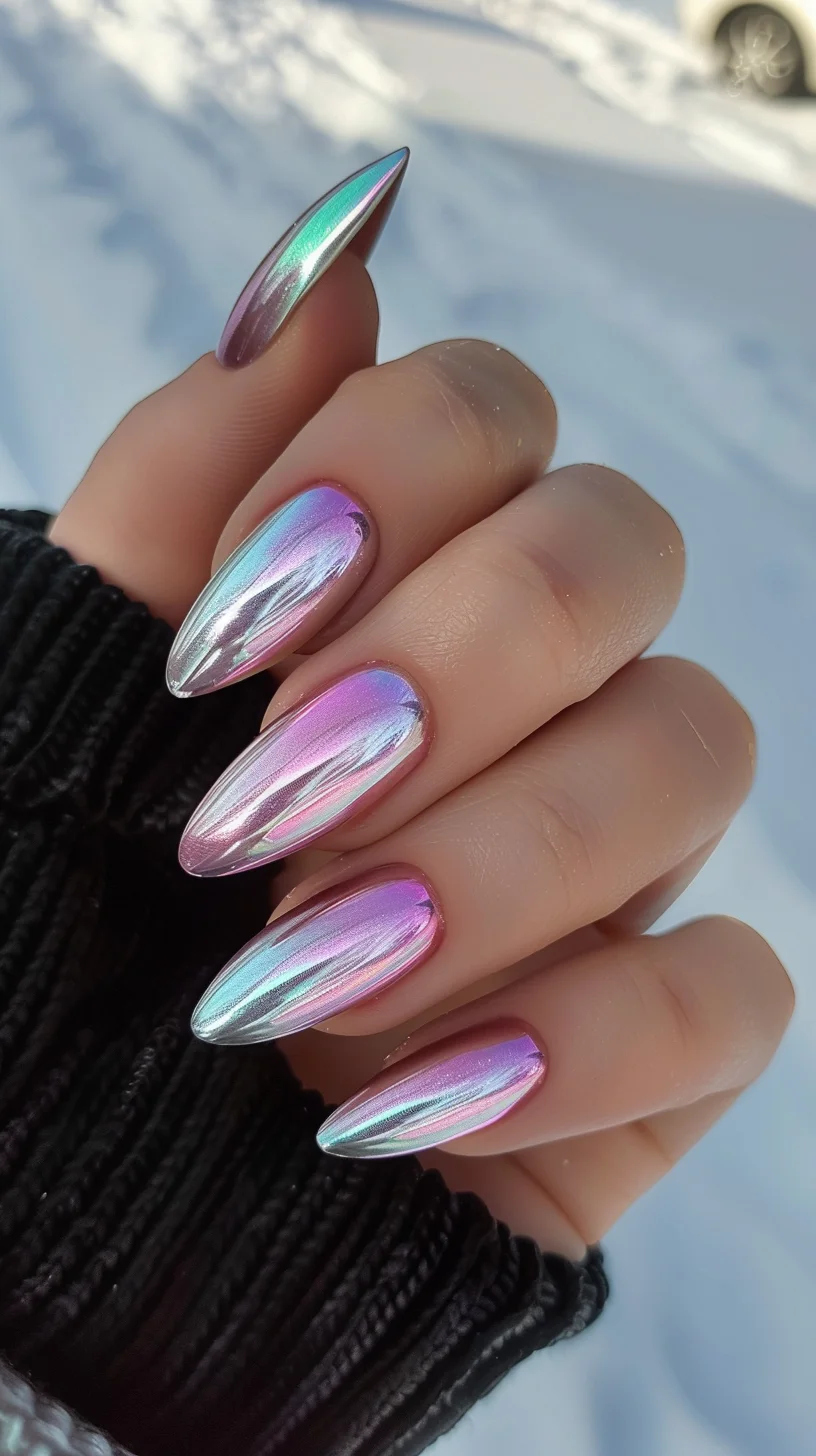 A pastel chrome finish adorns these nails, with a delicate blend of pink and blue tones. The mirror-like effect creates a soft, ethereal glow, perfect for a stylish and contemporary appearance.