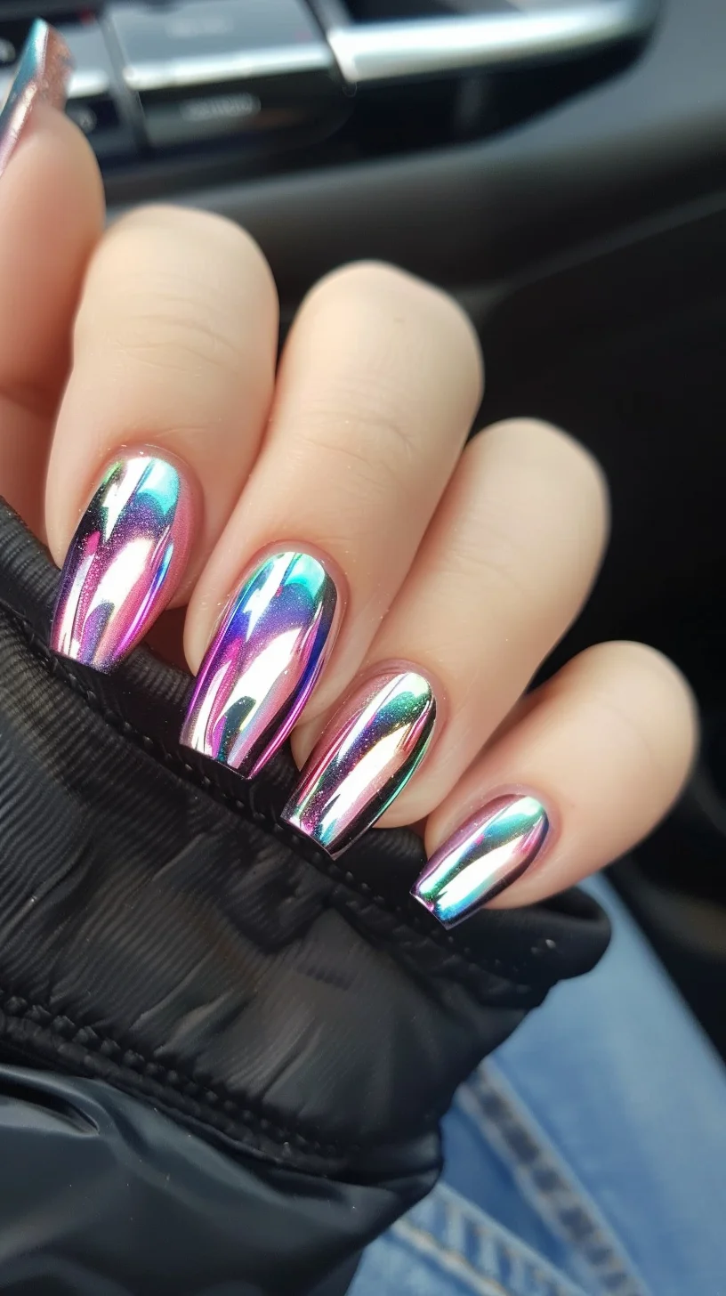 This chrome manicure features a mesmerizing mix of pink, blue, and green hues, creating a holographic effect. The nails are shaped into a soft square, highlighting the reflective finish that shifts beautifully in the light.