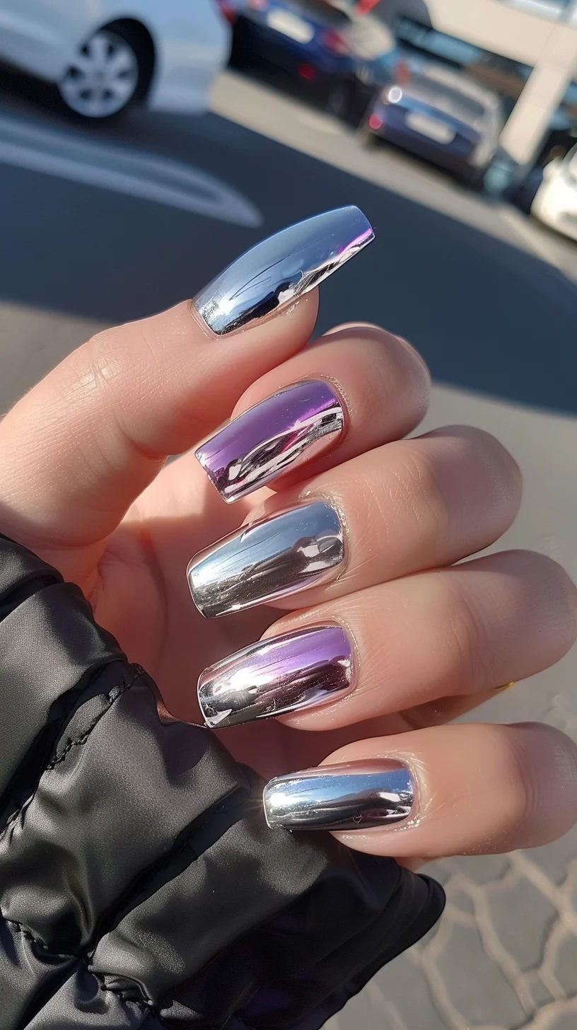 A striking mirror-like silver chrome design dominates this set, with a smooth, polished finish. The nails' short, square shape enhances the metallic look, perfect for making a bold and sleek statement.