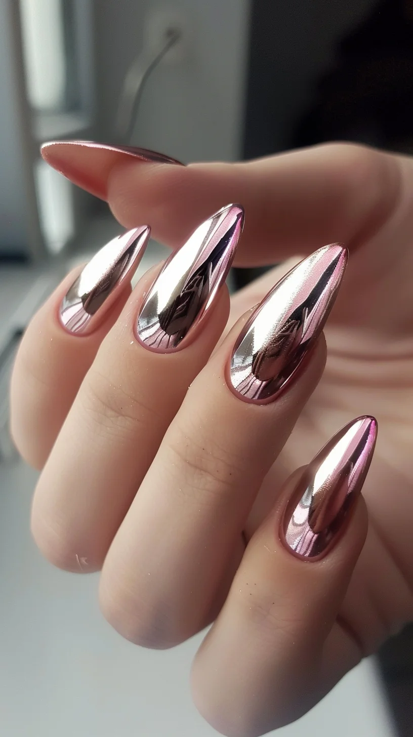 These nails are adorned with a rose gold chrome finish, boasting a glossy, mirrored surface. The almond shape adds elegance, while the soft pink undertones provide a chic and sophisticated touch.