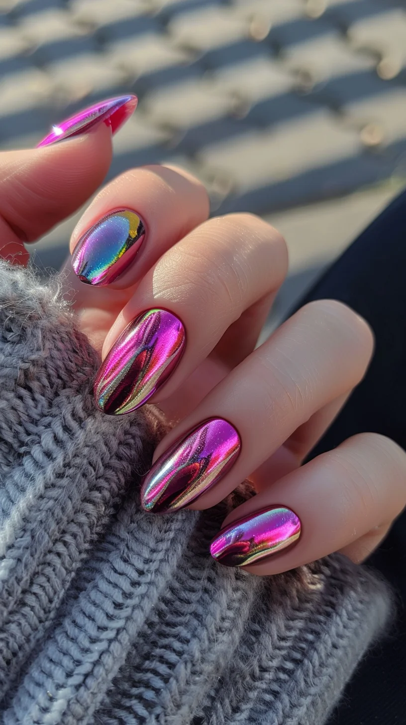 This design showcases a vibrant magenta chrome with hints of gold and green reflections. The nails are oval-shaped, offering a sleek silhouette that accentuates the dynamic color shifts and glossy finish.