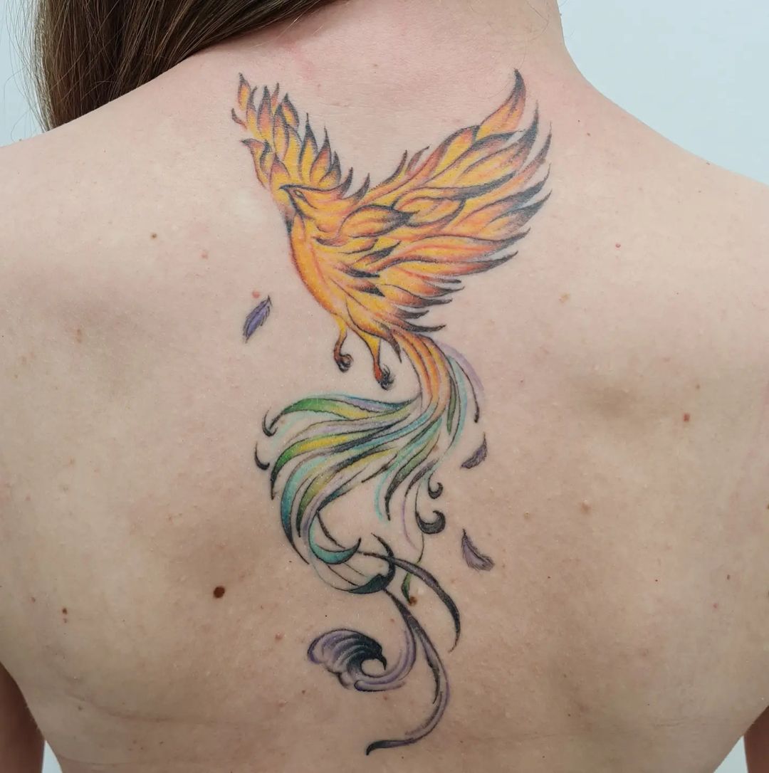 Colour Phoenix Back Tattoo