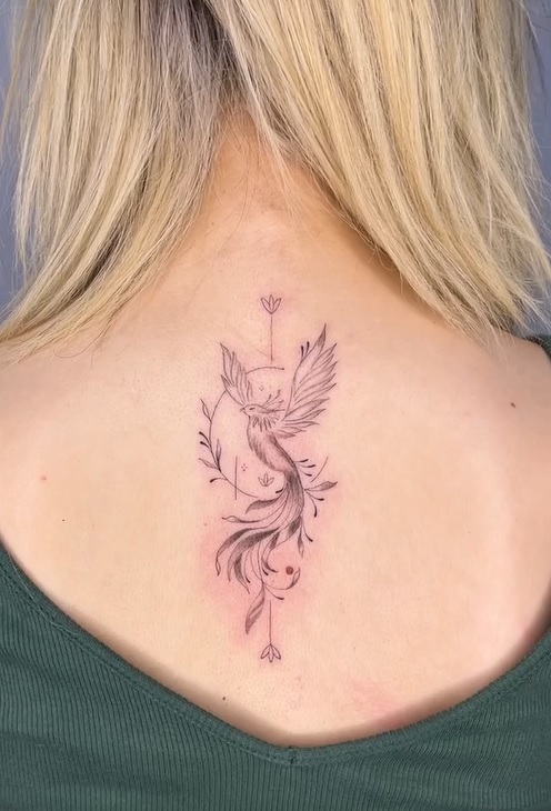 Feminine Phoenix Back Tattoo