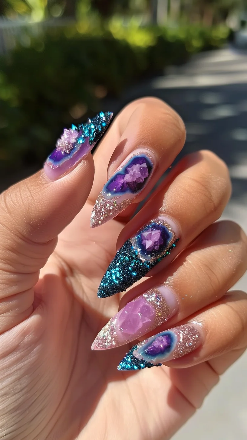 This nail art design features a striking geode-inspired look with an elegant array of purple and blue hues. The nails are long and stiletto-shaped, emphasizing the vibrant, crystalline textures within each geode pattern. Sparkling accents in silver and deep blue glitter border the geode sections, enhancing their depth and realism. The overall effect is both luxurious and eye-catching, perfect for those who want to make a bold fashion statement.