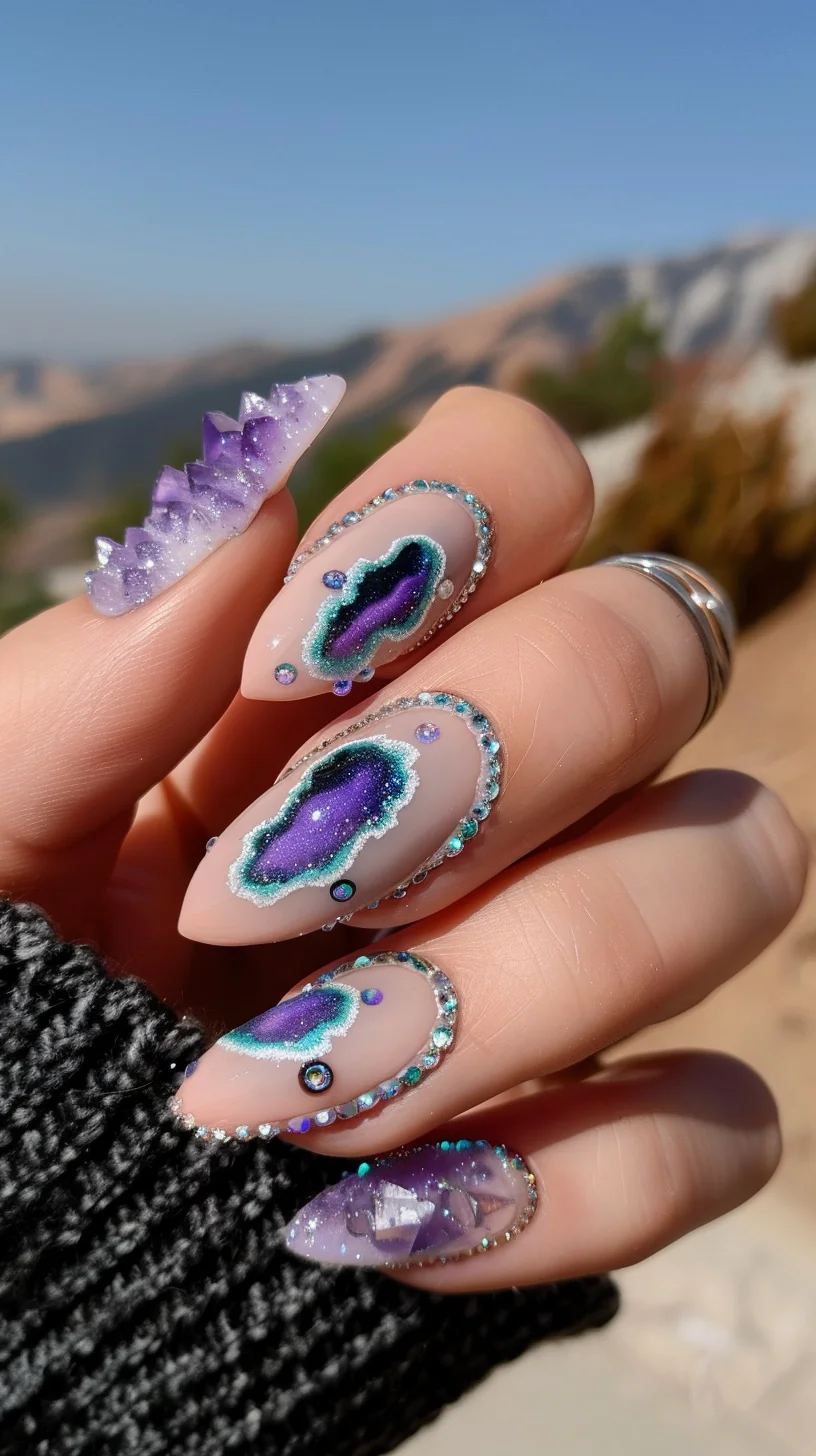 This nail art design captures the enchanting allure of geodes with a stunning array of colors and textures. The nails showcase deep, rich purples and vibrant blues, set against a transparent base, giving the illusion of depth and intricacy. Each nail is outlined with small, sparkling rhinestones that enhance the gem-like quality of the design. Additional accents of pale lavender and shimmering teal dots complement the geode patterns, creating a luxurious and captivating effect.