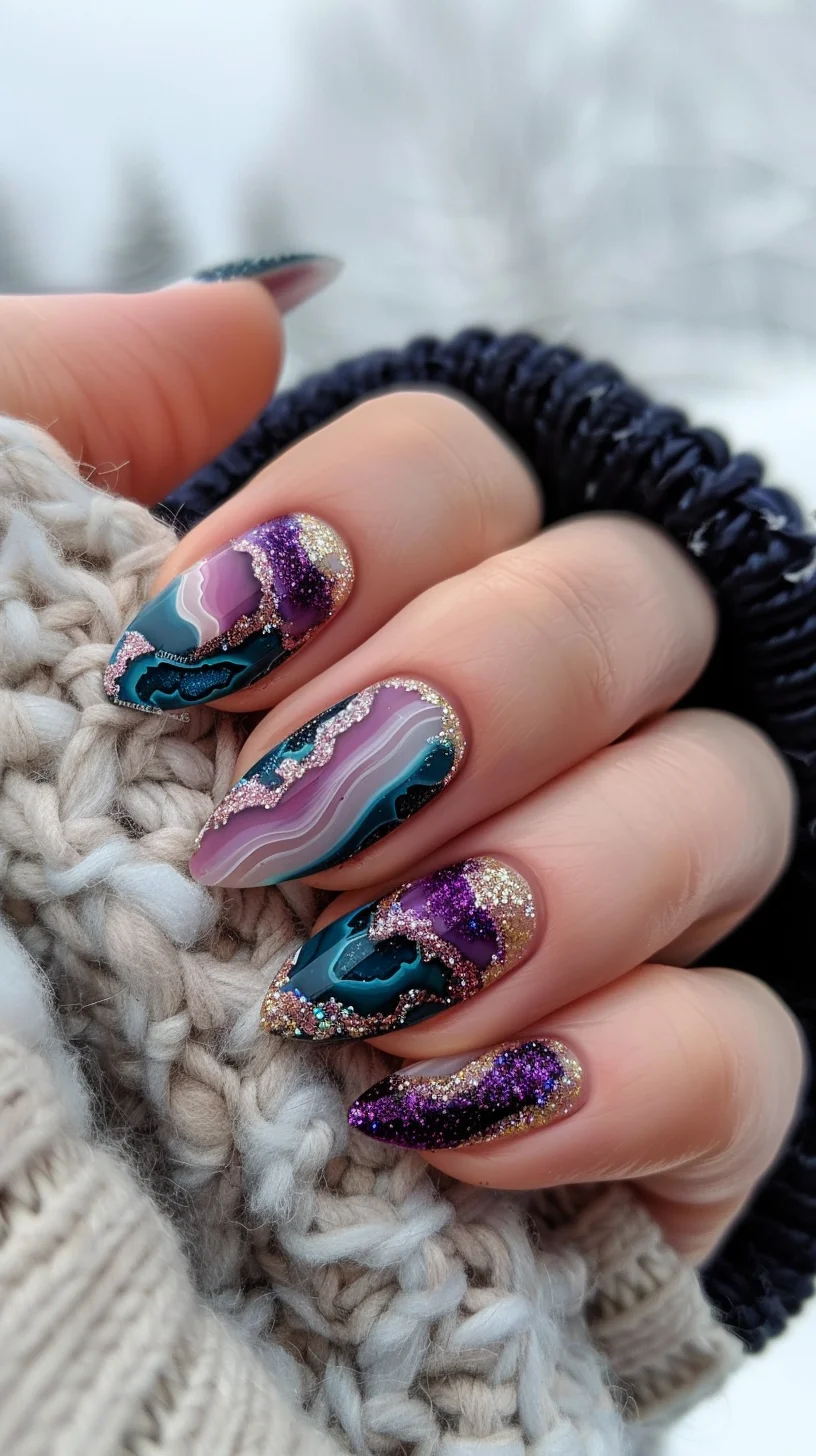 This exquisite geode nail art design showcases a captivating blend of rich purples, vibrant teals, and sparkling golds. Each nail presents a unique geode pattern with layers of color that mimic the natural formation of geode rocks. The designs are edged with gold glitter, providing a striking contrast against the deeper shades. This combination creates a luxurious and eye-catching effect.