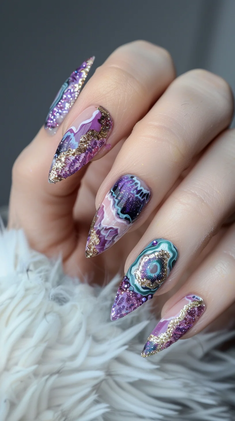 This nail art design evokes a regal and mystical ambiance with its deep purples, teals, and sparkling gold accents. Each nail features a unique geode-inspired pattern, highlighted by gold glitter that traces the natural contours of the geode shapes. Lavender and lilac hues blend seamlessly with darker purples, creating a captivating depth that mimics the look of precious stones. The addition of turquoise accents and embedded gemstones enhances the luxurious feel, making this design both opulent and enchanting