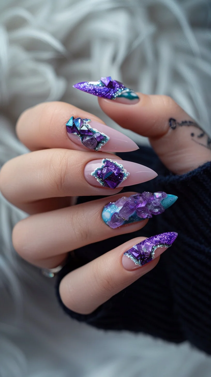 This nail art design offers a dazzling display of deep purples and teals, set against a delicate pink backdrop. The nails showcase bold, geode-inspired elements with chunks of purple crystals and smaller crystalline textures, creating a striking contrast. Each nail features a different arrangement, some with larger, more pronounced crystals and others with a dusting of glittering fragments. Silver glitter outlines enhance the shape of the geode sections, adding an extra layer of sparkle and refinement.