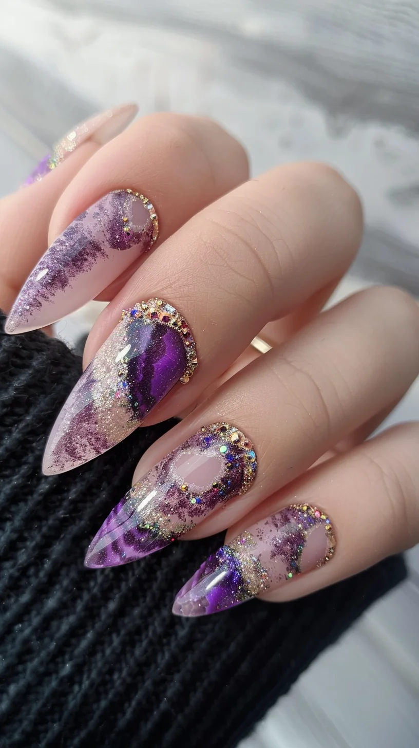 This geode nail art design beautifully melds shades of lavender and deep purple with hints of gold and silver, creating a sophisticated and luxurious look. The nails feature a gradient effect, where the colors blend seamlessly into one another, enhanced by a fine dusting of glitter that mimics the sparkle of real geodes. Strategic placement of gold and silver rhinestones around the cuticles and on the nail beds adds an ornate frame to each nail, emphasizing the gem-like appearance.