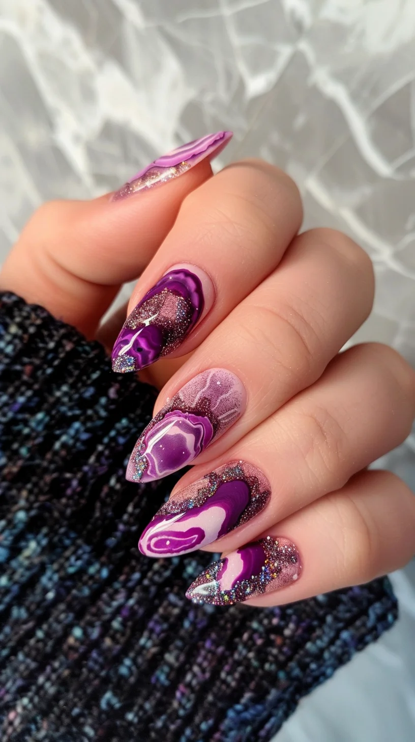 This nail art design offers a sophisticated palette of deep and light purples complemented by silver glitter. Each nail features a unique geode-inspired pattern, displaying layers of vibrant purple that transition into paler shades, resembling the natural formation of geodes. The patterns are elegantly outlined with silver glitter, enhancing the definition and adding a luxurious sparkle.