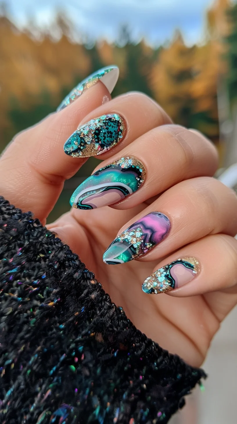 This nail art design showcases an exquisite use of vibrant turquoise and emerald green hues, complemented by sparkling silver glitter that outlines and highlights the unique geode patterns on each nail. The rich colors are reminiscent of the ocean's depth and the shimmering surface of a geode, providing a stunning contrast against the creamy nail bases.