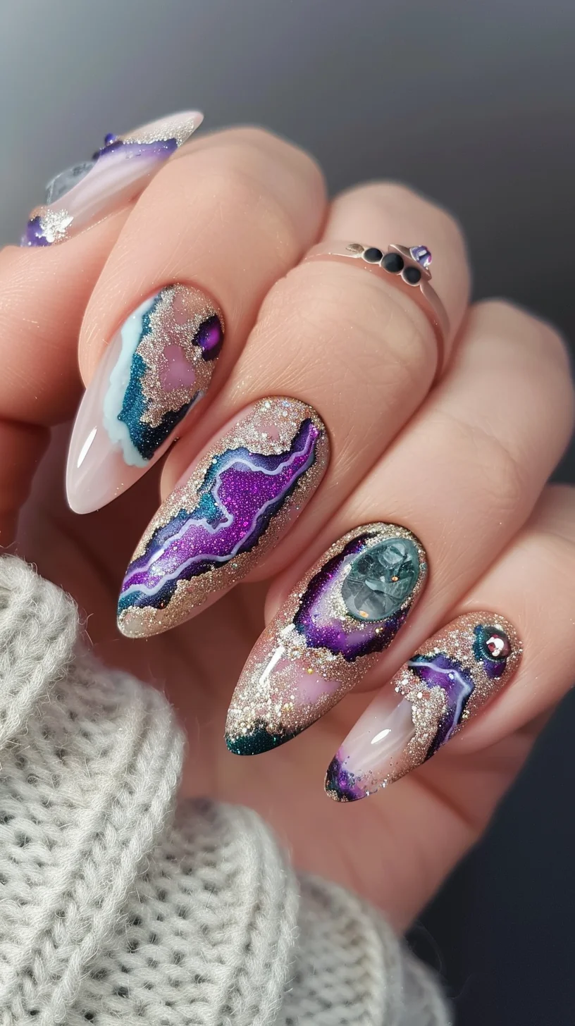 This nail art design exquisitely captures the essence of geode beauty with its combination of deep purples, vibrant blues, and soothing whites. The nails showcase a glossy finish with each nail featuring a unique geode pattern bordered by a shimmering gold glitter outline. Intricate details such as small gemstones embedded within the design add a touch of luxury and realism, making these nails a true piece of wearable art.