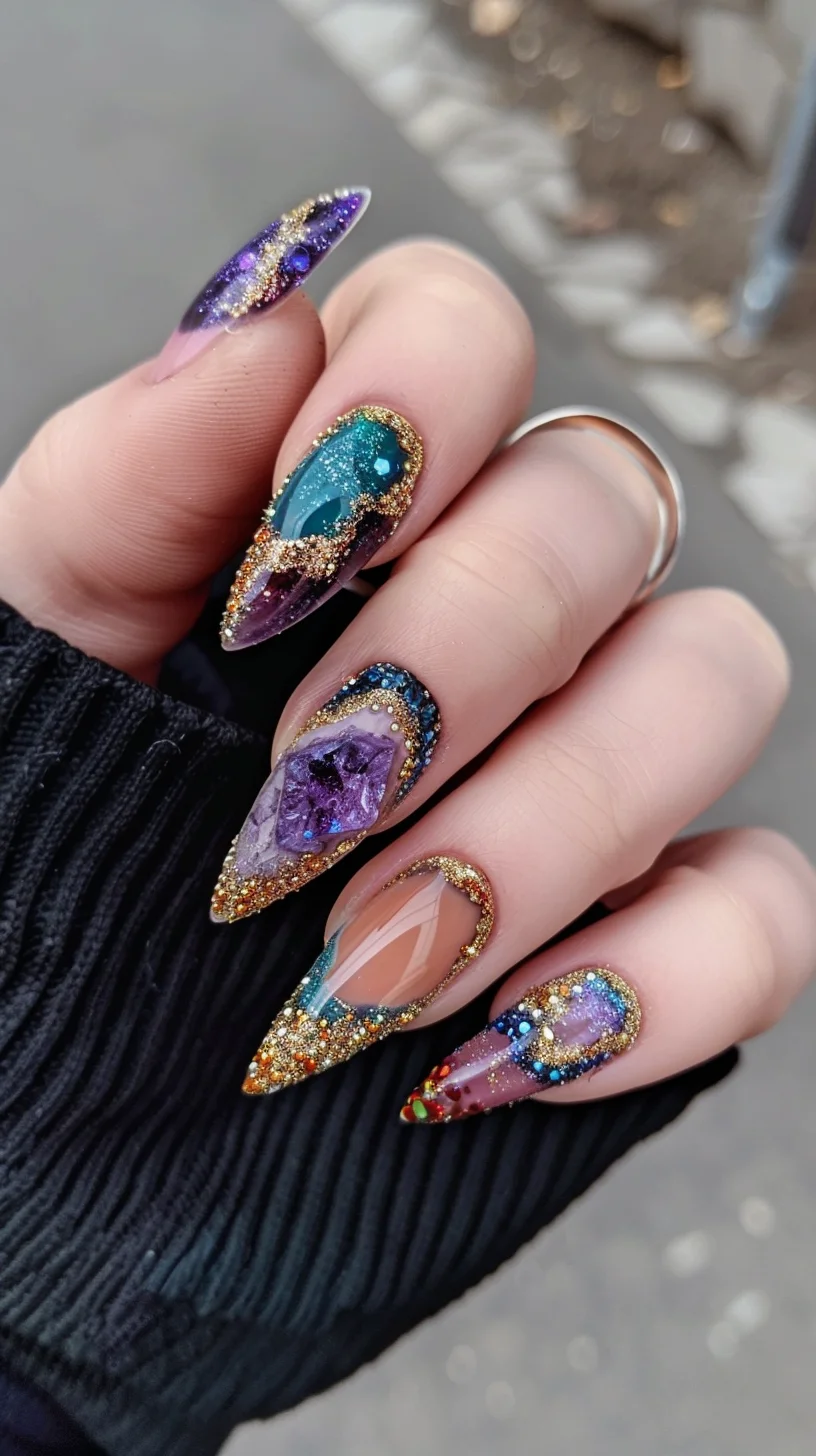 This nail art design beautifully showcases a rich array of colors and textures, reminiscent of precious geode stones. Each nail is adorned with a unique combination of deep purples, vibrant teals, and shimmering golds, expertly applied to create the appearance of natural mineral formations. The striking contrast between the colors is further enhanced by the use of gold glitter outlining, which adds an elegant, luxurious touch.