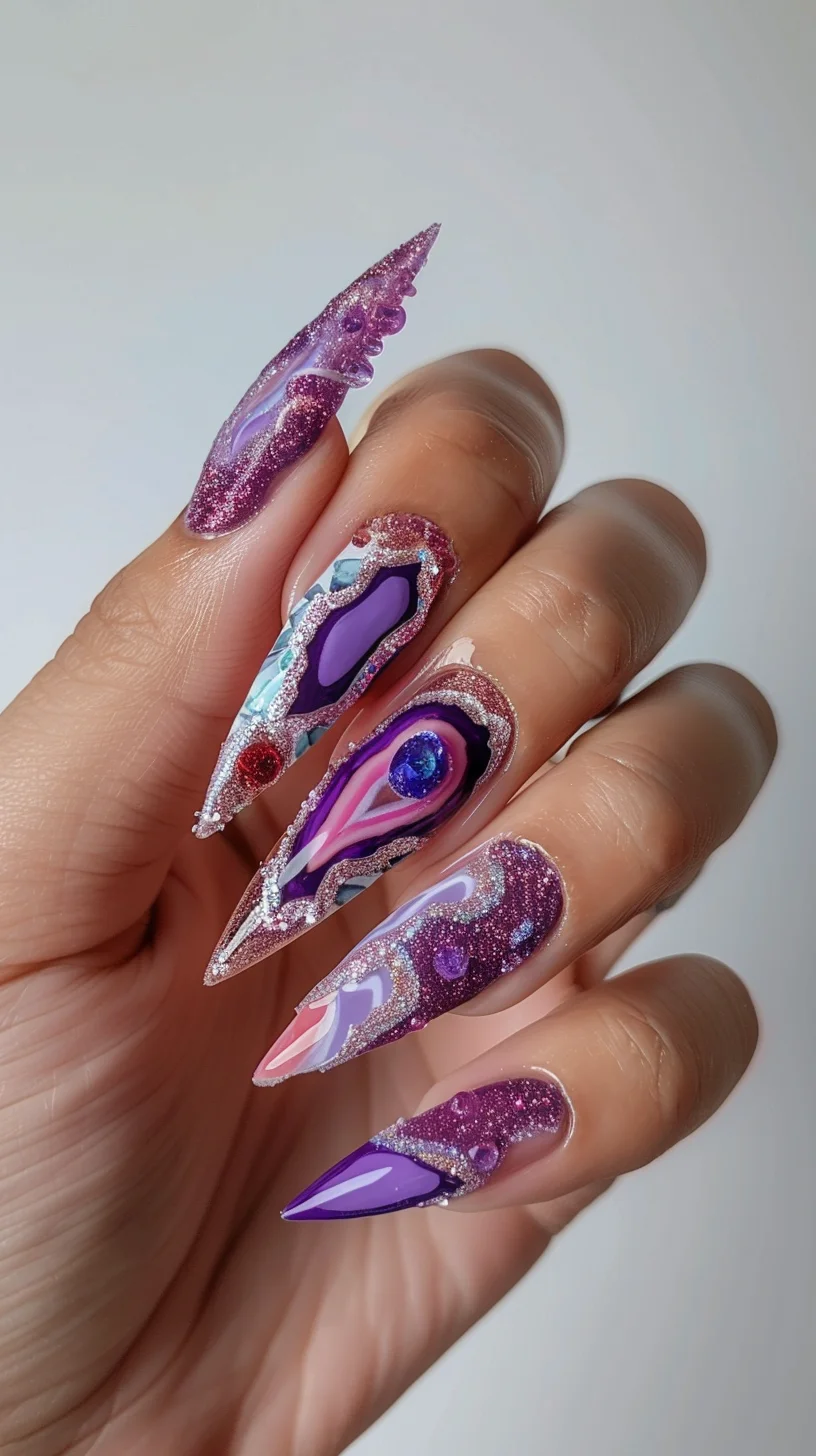 This geode-inspired nail art design features a stunning blend of rich purples, blues, and golds, reminiscent of the natural beauty found within geodes. Each nail showcases intricate patterns and textures, with layers of color that mimic the organic formations of geode crystals. The addition of fine gold glitter outlines the edges of the geode shapes, adding depth and sparkle to the design. Small gold and iridescent gemstone accents are strategically placed to enhance the luxurious look, creating a mesmerizing and eye-catching effect.