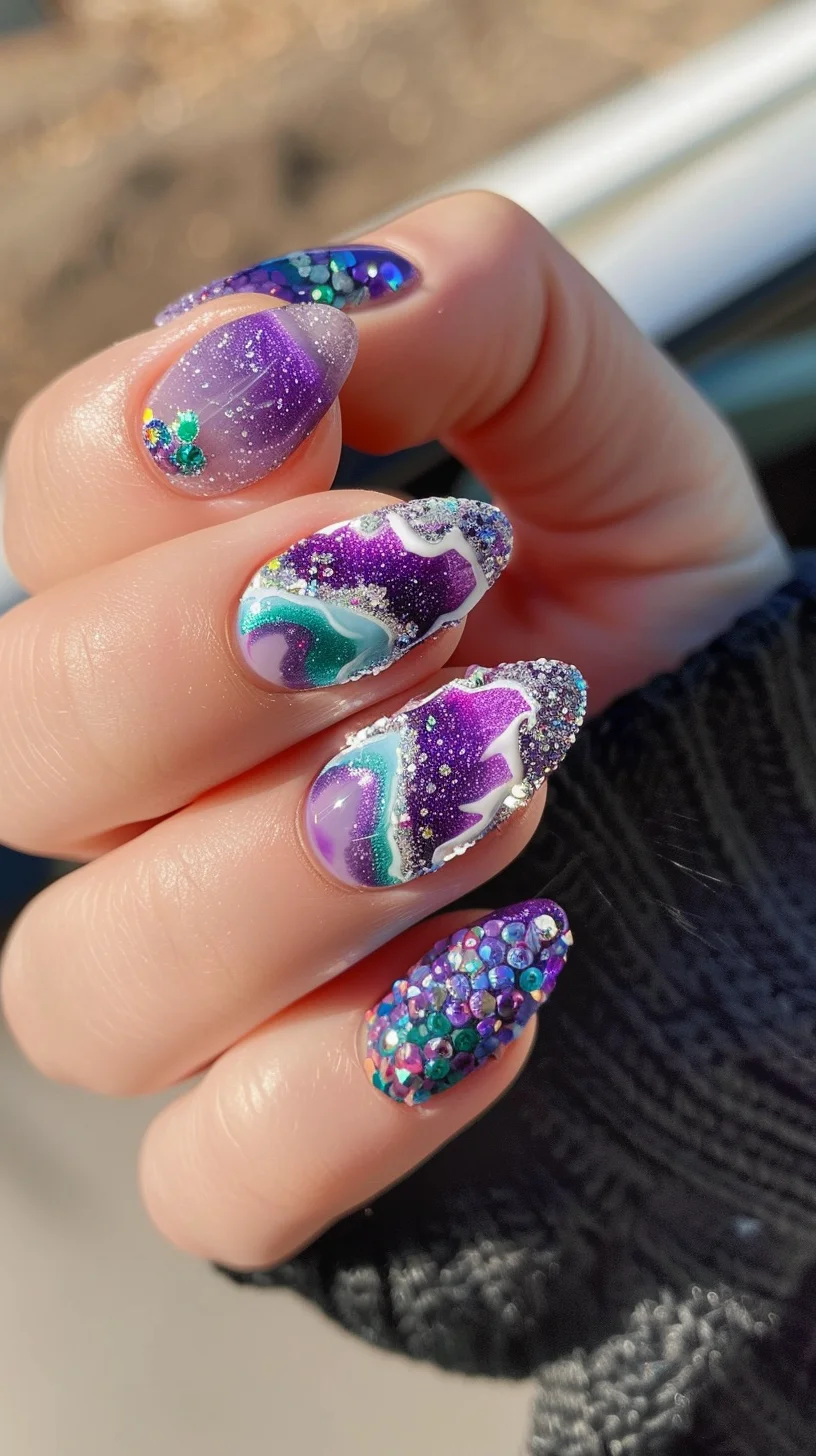 This geode-inspired nail art design features an alluring combination of deep purple, vibrant turquoise, and shimmering white. The central theme is a stunning representation of geode patterns with swirling, organic shapes highlighted by glitter accents. Each nail uniquely encapsulates the crystalline textures typical of geode rocks, complemented by sparkling embellishments that add depth and brilliance.