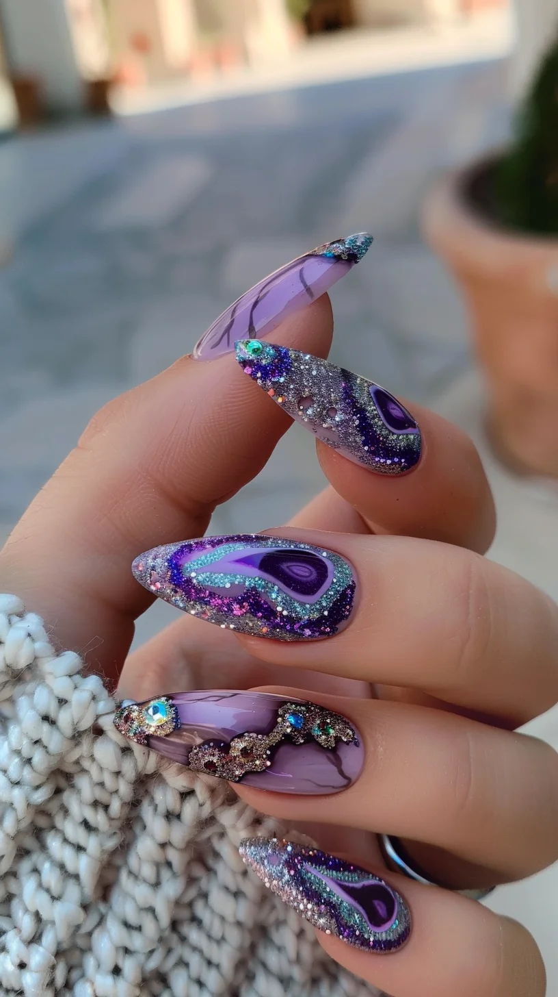 This nail art design captures the essence of a mystical cave, blending soft lavender with dark amethyst tones. Intricate black and white banding mimics the concentric layers of natural geodes, enveloped by an explosion of glitter in shades of pink, blue, and silver. Jeweled accents and tiny gemstones are thoughtfully placed to enhance the three-dimensional feel, making each nail a dynamic and sparkling representation of geode beauty.