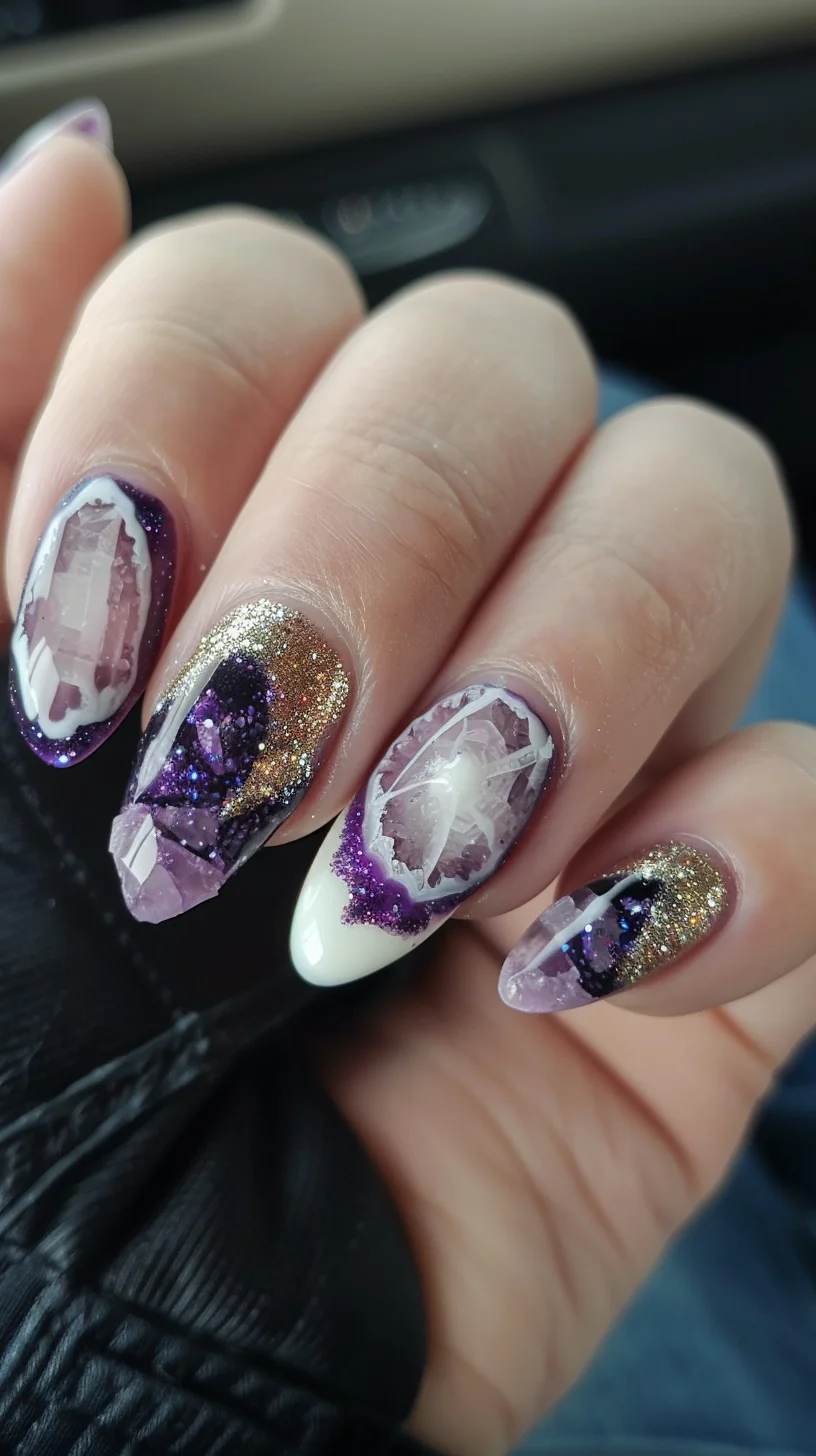 This design captures the raw, natural beauty of geodes through a striking use of contrasting colors and textures. Featuring a base of soft ivory and deep violet, each nail portrays a detailed geode slice with sharp, jagged edges and rich, transparent layers. Gold and purple glitter create a shimmering effect that mimics the crystalline interior of geodes. This set not only plays with color depth but also with texture, combining matte finishes with glossy overlays to enhance the three-dimensional appearance of each geode representation.