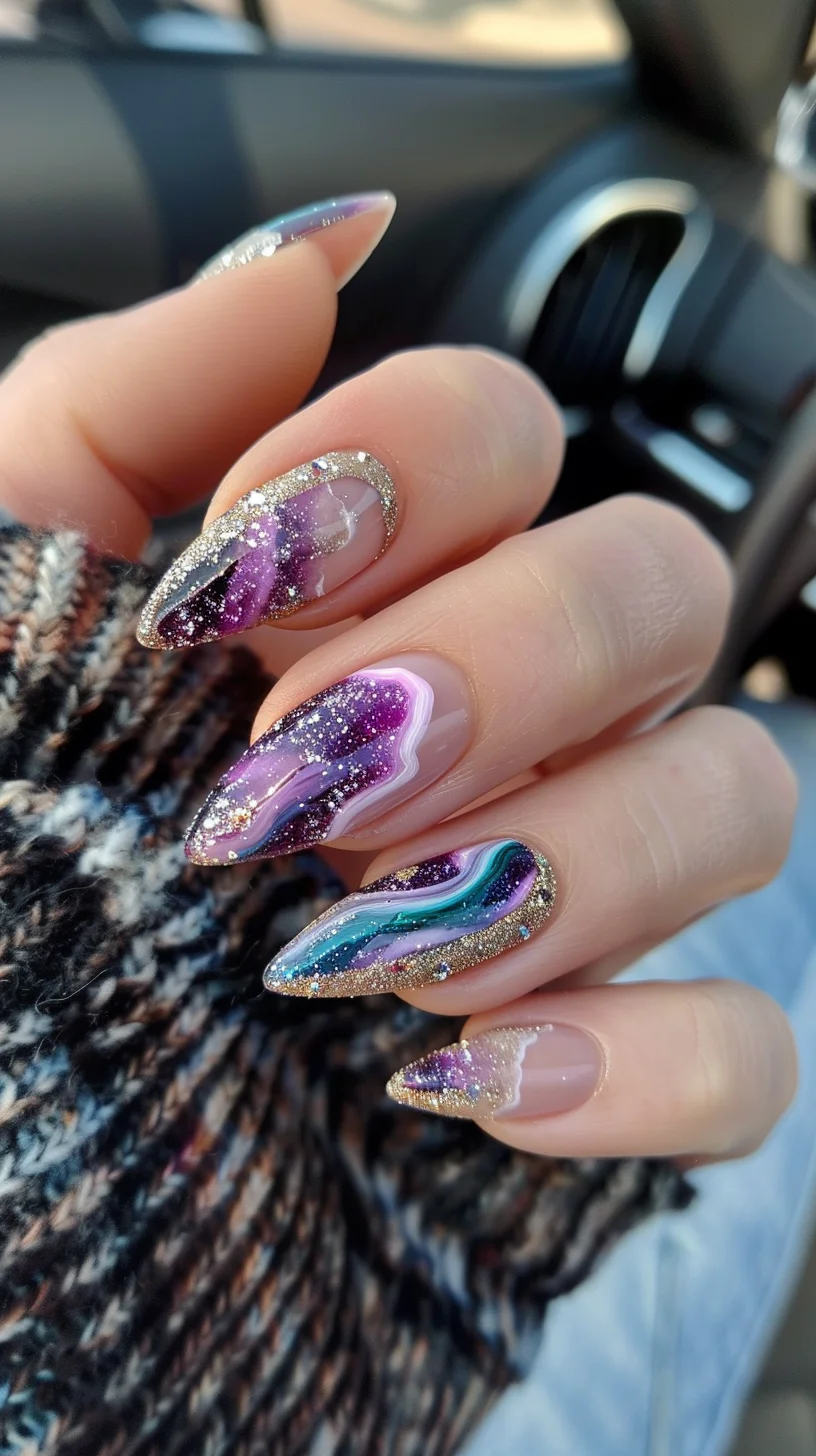 This geode-inspired nail art design exquisitely combines vibrant colors with sparkling elements. Each nail features a unique geode pattern with swirling bands of pink, purple, and teal, edged with gold glitter that contours and highlights the geode shapes. The use of clear, glossy top coats over portions of the designs adds depth and enhances the gem-like quality of the nails.