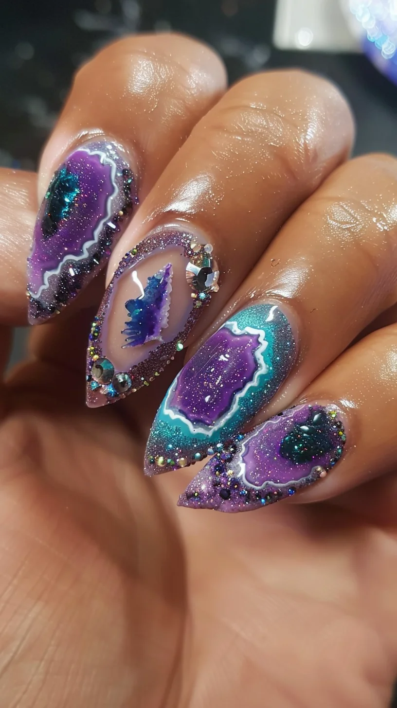 This nail art design combines the mystique of geodes with the sparkle of gemstones. Each nail features a unique, vivid geode formation highlighted by a dazzling array of multicolored rhinestones that frame the geode patterns. The nails themselves are painted in a blend of deep purples and electric blues, with white and silver glitter adding contrast and depth.