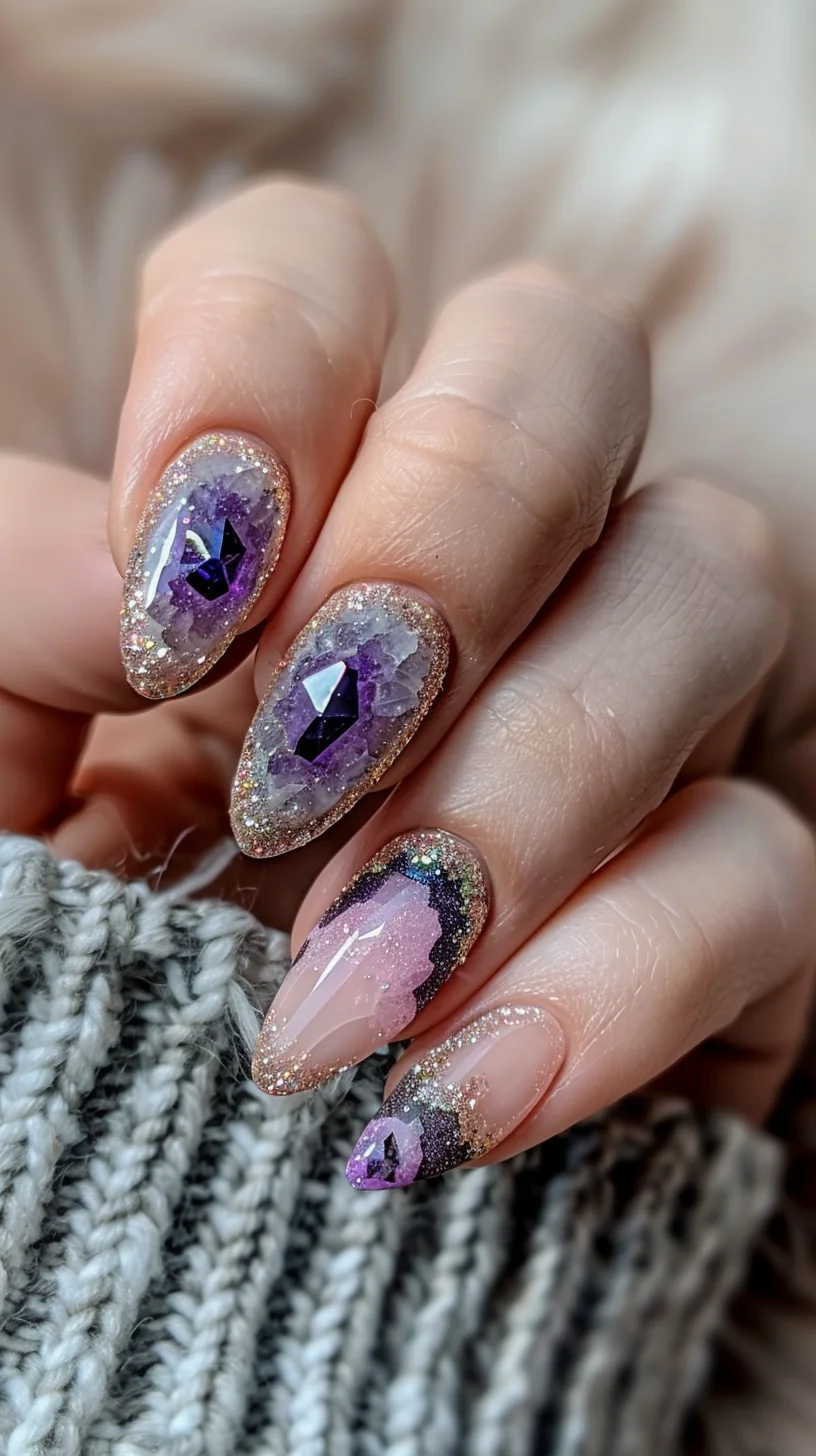 This nail art design features a soft, elegant take on the geode theme, blending muted lavender and amethyst hues with a subtle shimmer. Each nail is adorned with a central geode pattern surrounded by a halo of fine silver glitter, giving a refined sparkle that catches the light beautifully. Large gemstone accents in varying shades of purple are strategically placed to enhance the three-dimensional effect, making these nails a sophisticated choice for anyone looking to add a touch of luxury to their style.