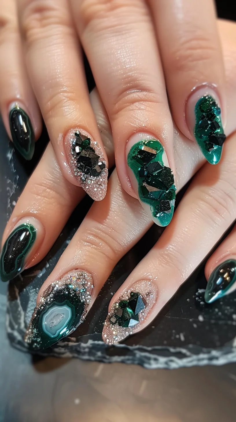 This geode nail art design beautifully incorporates lush green tones with dramatic black accents, creating a striking contrast. Each nail features a unique geode pattern filled with rich, emerald green and deep black shards, bordered by delicate silver glitter that mimics the rough edges of natural minerals. Some nails have a smoother, glossy finish in a deep, translucent green, providing a sleek balance to the rough textures.