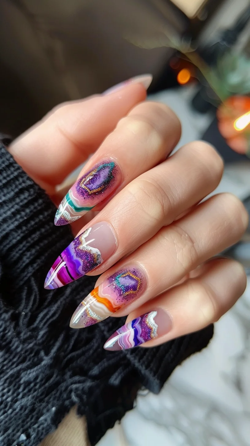 This vibrant geode nail art design dazzles with its array of electric colors and intricate patterns. The nails feature shimmering hues of purple, orange, and teal, creatively blended to mimic the complex layers of natural geodes. Each geode section is outlined in glittering silver, enhancing the visual depth and texture. The inclusion of clear portions adds a modern touch, giving the appearance of crystalline clarity.