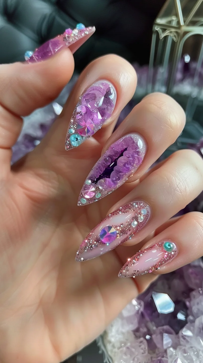 This nail art design offers a delicate and enchanting interpretation of geode aesthetics with its stunning use of pastel purples and pinks, punctuated by vibrant crystal-like inclusions. Each nail is a work of art, featuring realistic geode cavities filled with purple gemstones that seem to sparkle from within. The edges of the geodes are adorned with fine silver and pink glitter, adding a touch of glamour and intricacy.