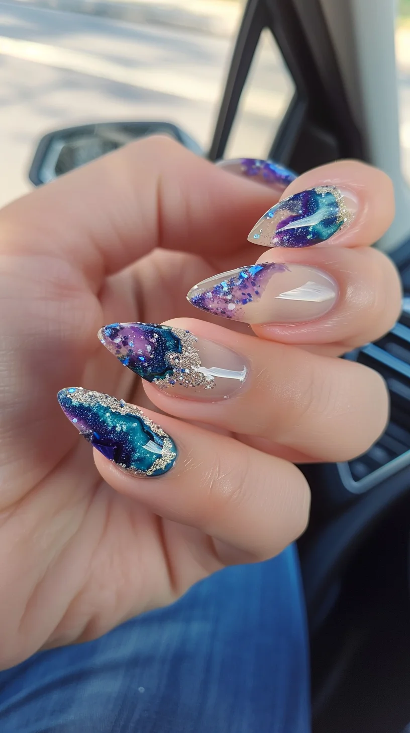 This geode nail art design offers a mesmerizing mix of deep ocean blues and celestial purples, set against transparent tips for a modern look. Each nail displays a unique pattern that mimics the intricate layering found in geodes, with rich colors blending into each other and bordered by shimmering silver glitter. The sparkling silver enhances the depth and complexity of the geode designs, creating a stunning visual effect that is both sophisticated and eye-catching.