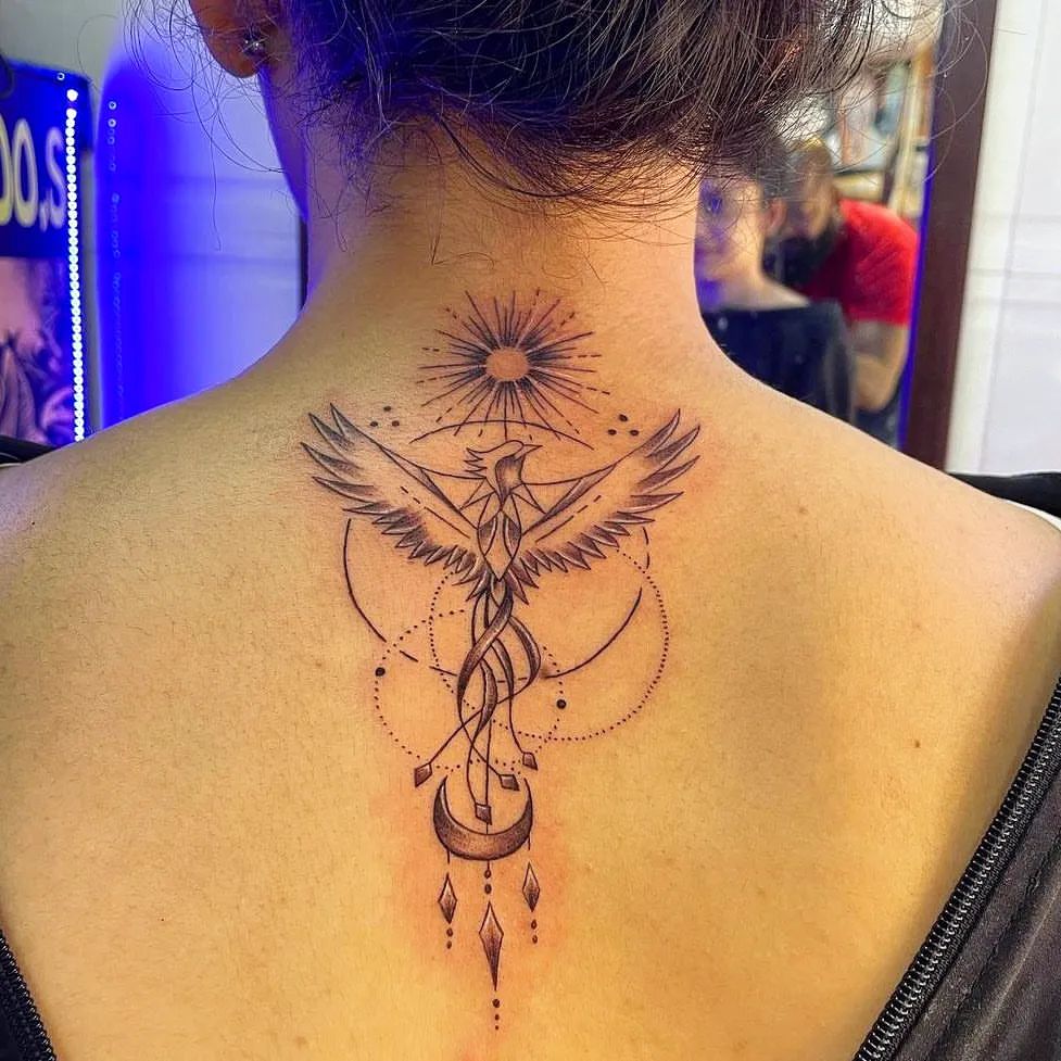 Geometric Phoenix Neck Tattoo