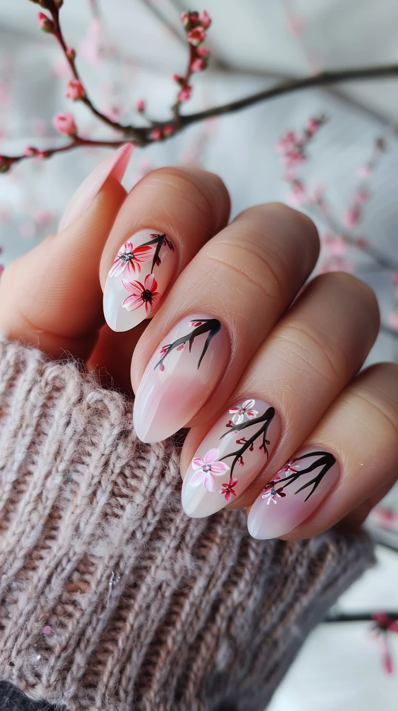 nail art design showcases a striking gradient effect transitioning from a clear tip to a soft pink base near the cuticles