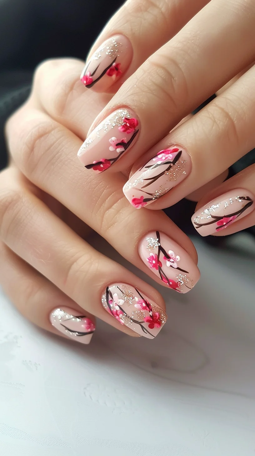 nude pink base with striking cherry blossom designs