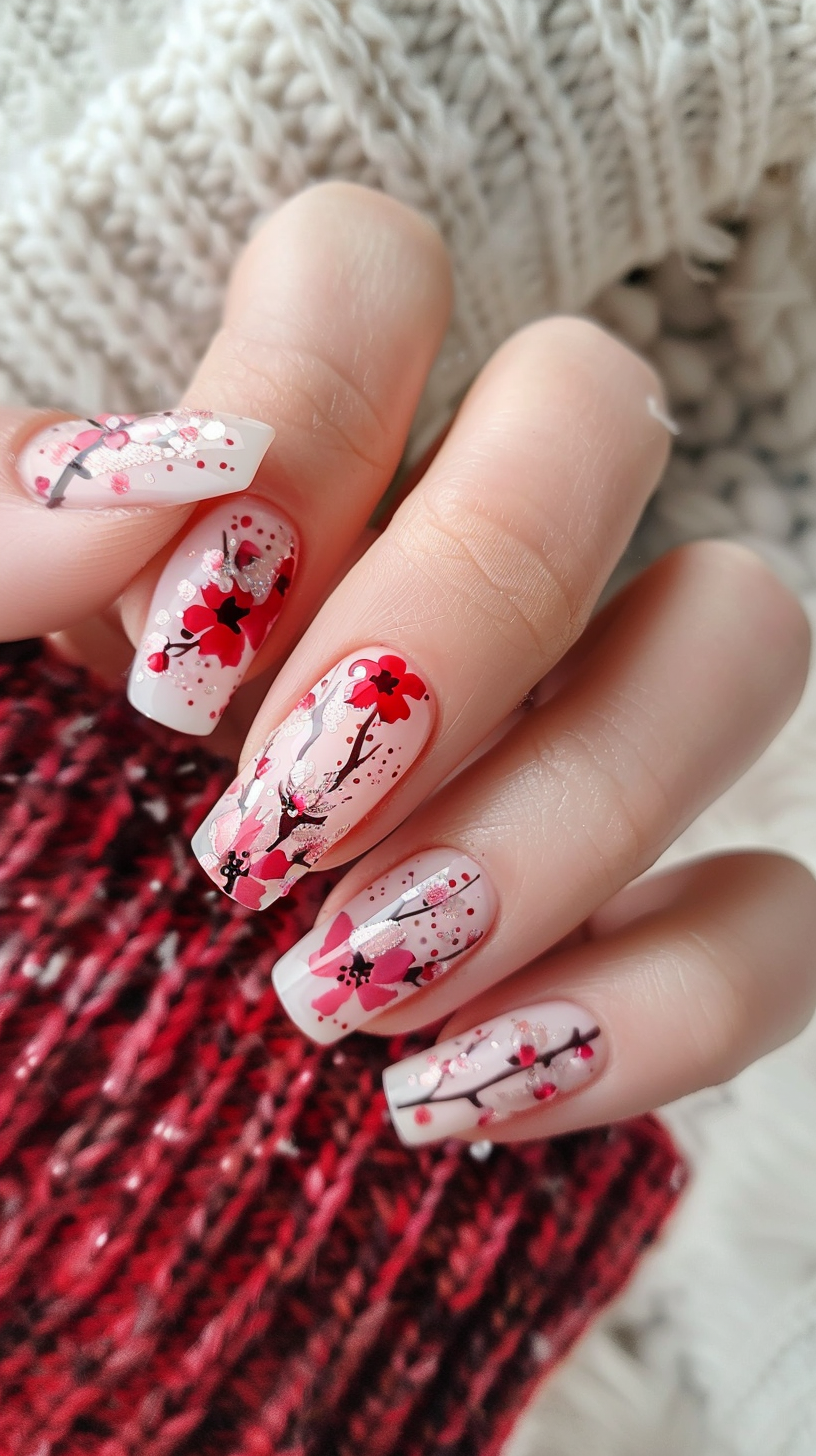 This nail art design combines vibrant red and delicate pink cherry blossoms with dark branches over a translucent to white gradient base