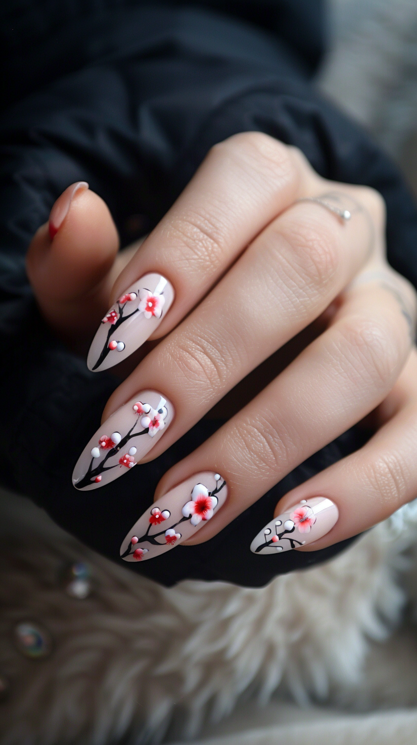 This nail art showcases a chic stiletto shape with a striking pattern of cherry blossoms in red and white, accented with black centers, along wispy black branches on a translucent base.