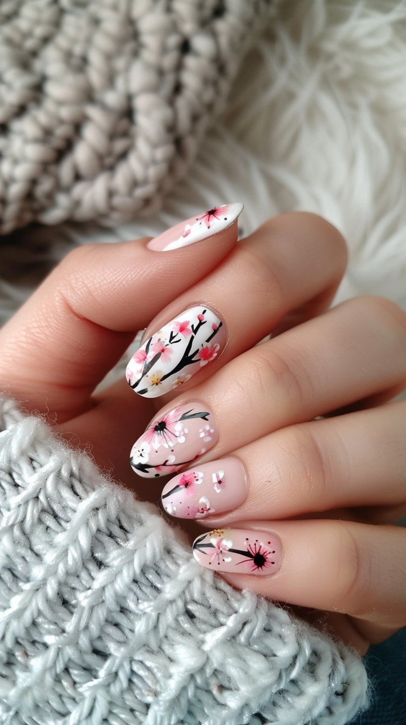 This design showcases a stiletto nail shape with a captivating array of pink cherry blossoms and black branches on a translucent base.