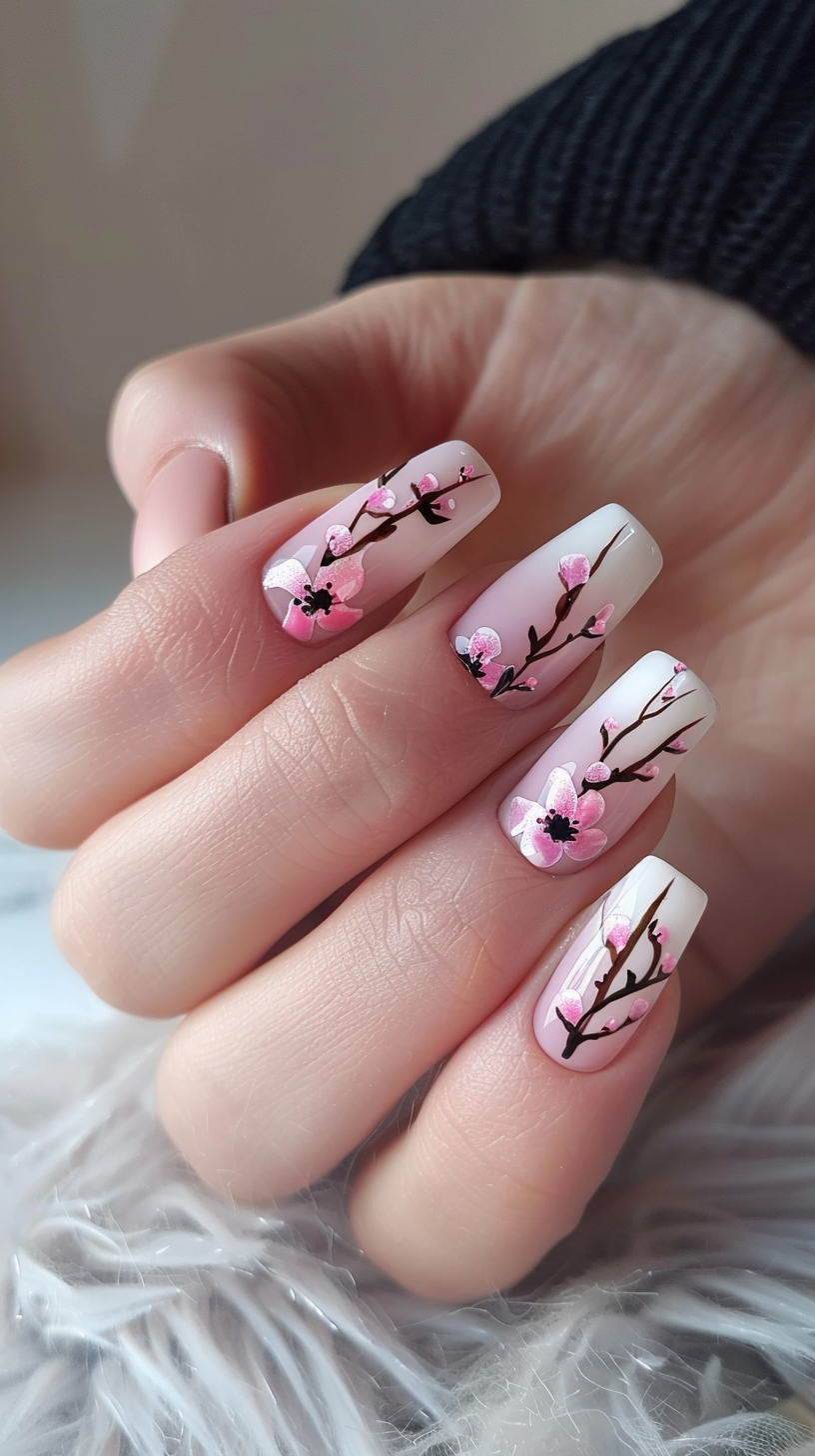 branches and blooming pink cherry blossoms over a white tip