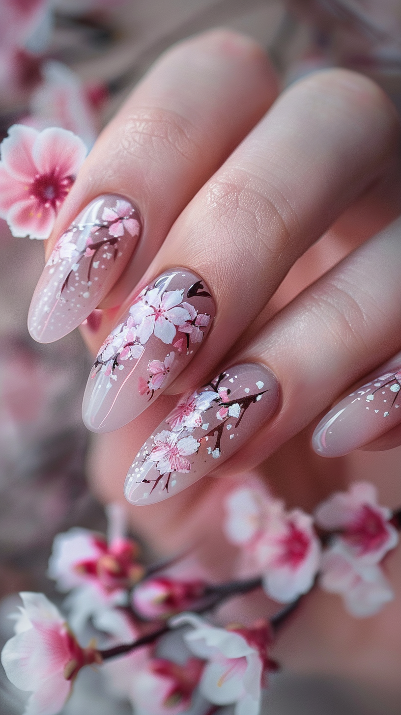 Almond-shaped nails are adorned with translucent pink cherry blossoms and branches over a gradient base, from clear to soft pink