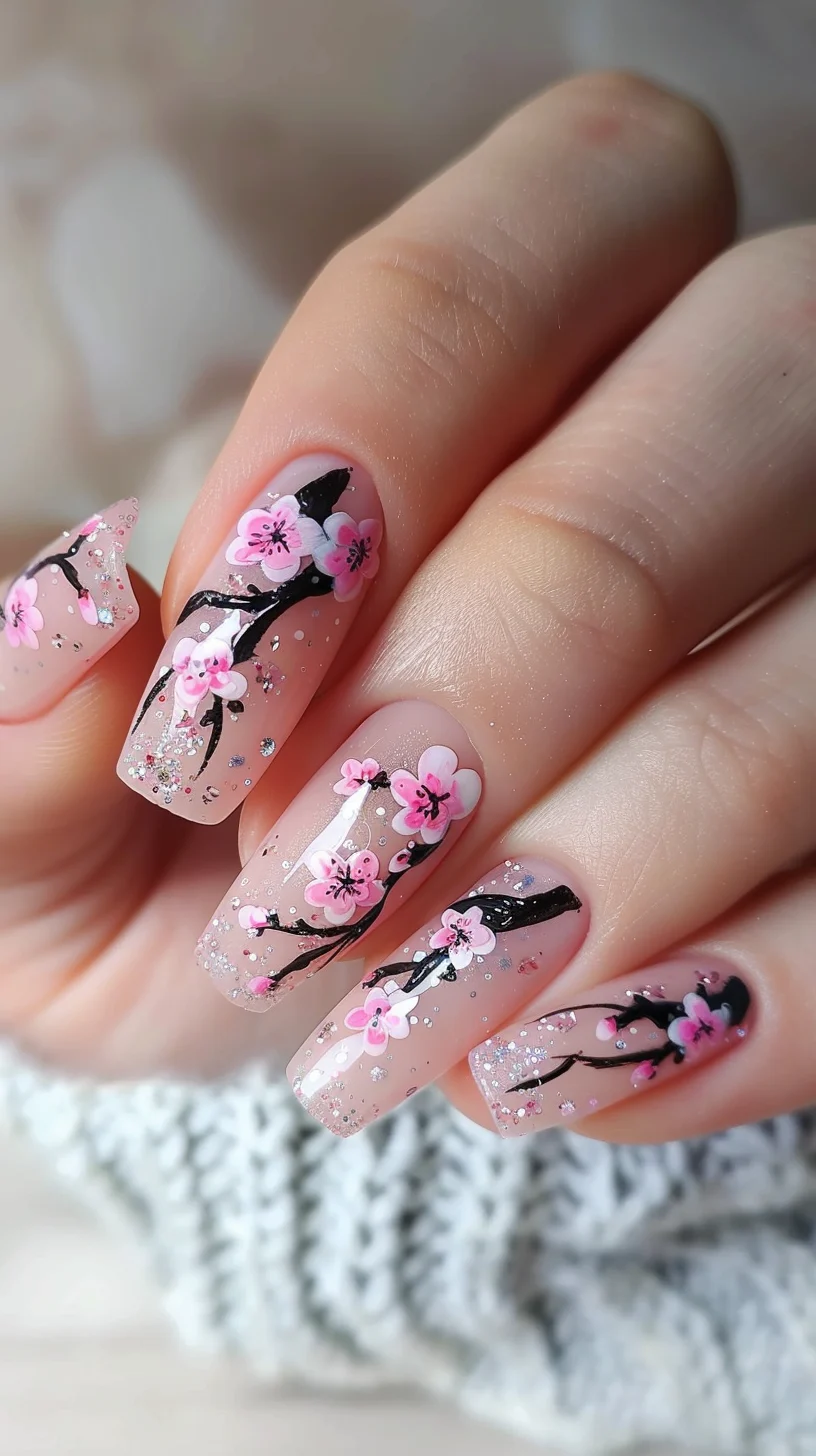 Coffin-shaped nails feature a soft pink base, adorned with dark branches and pink cherry blossoms