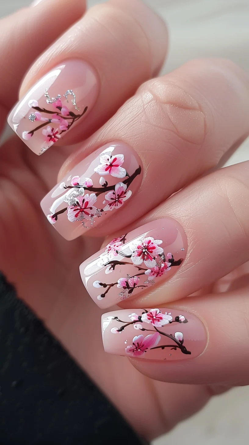 These rounded nails display a semi-transparent pink overlay with black branched cherry blossoms