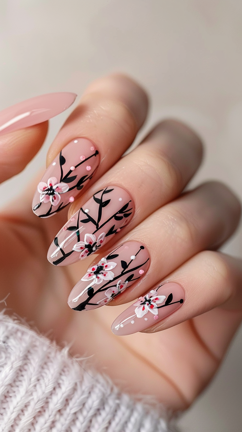 Long, almond-shaped nails are graced with a sheer nude base, featuring striking cherry blossoms and branches